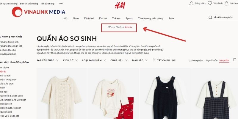 Breadcrumb navigation trên trang website của H&M. 
